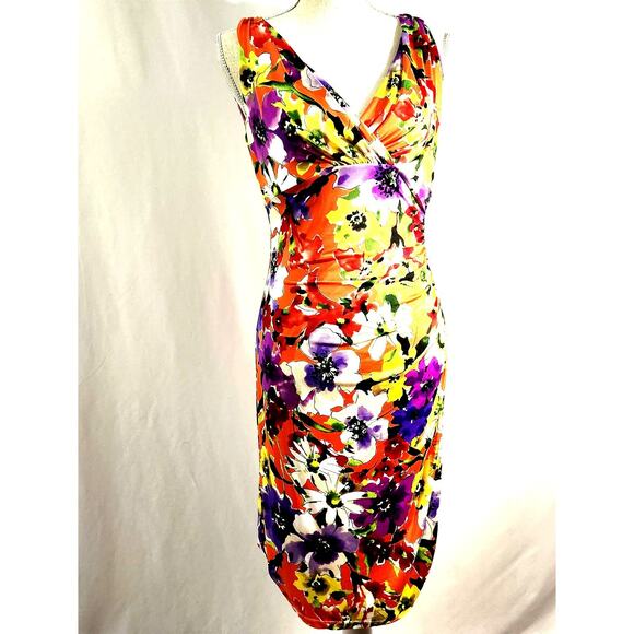 American Living Floral Ruched Sleeveless V-Neck Dress Size 8 Watercolor Bright - Picture 1 of 12